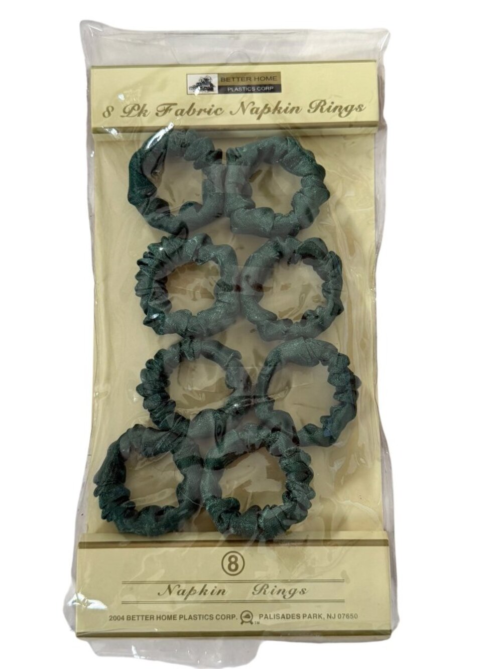 Vintage 2004 Better Home Plastics Fabric Damask Napkin Rings Set of 8 NOS Sage G